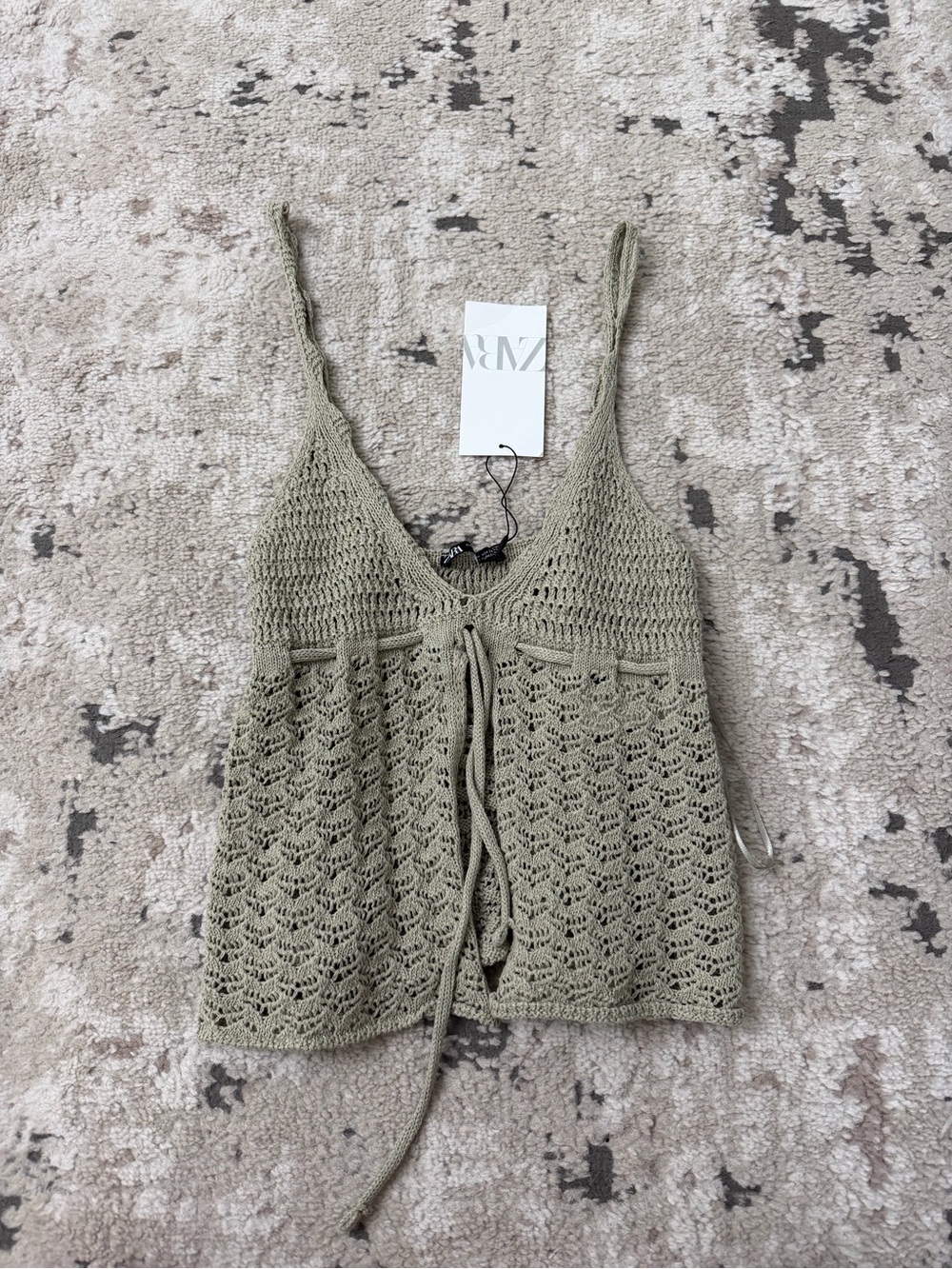Zara Green Tie Front Crochet Top Size Medium NWT